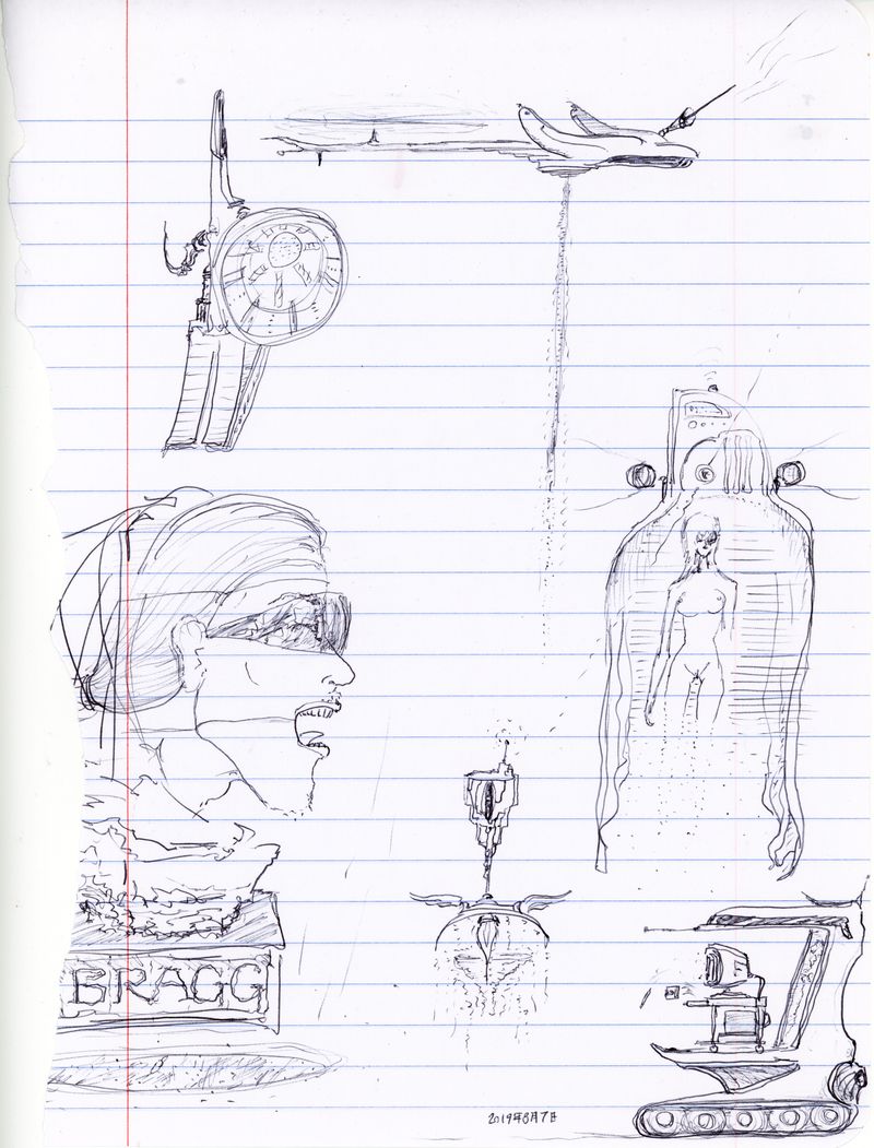 Pen and ink illustration depicting a fictional array of redevelopment machinations.