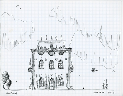 Front elevation of a design for an apartment building.