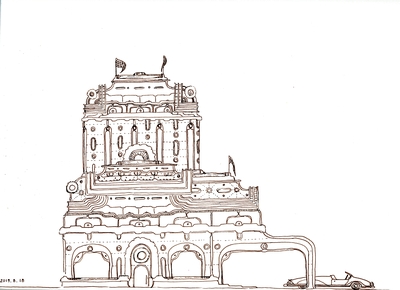 Front elevation of a design for an automotive design studio and showroom.