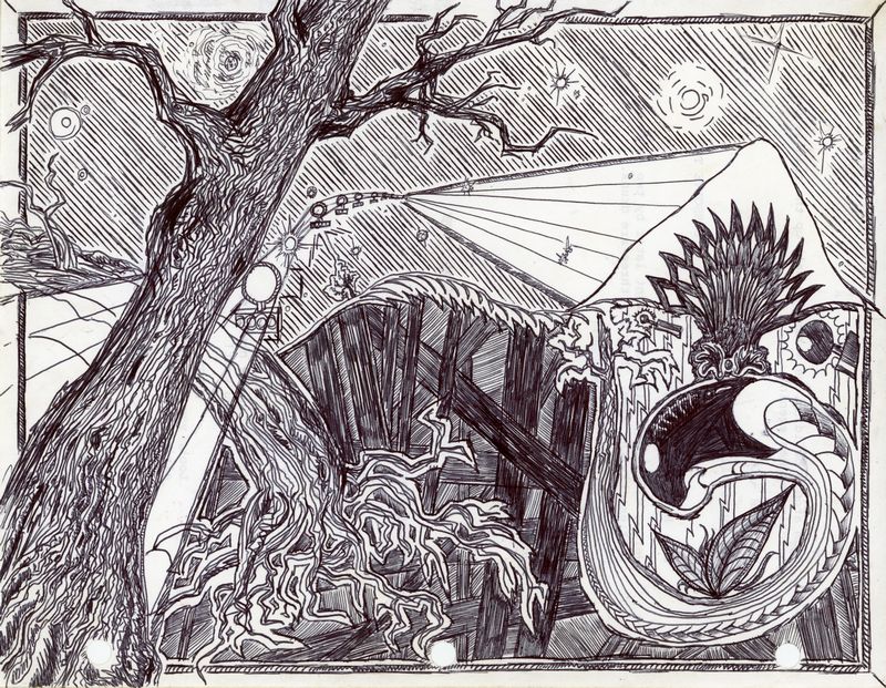 Pen and ink illustration of a spontaneously imagined place.