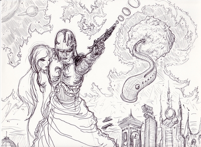 Pen & ink drawing of a spacefaring antagonist holding a female prisoner at his side.