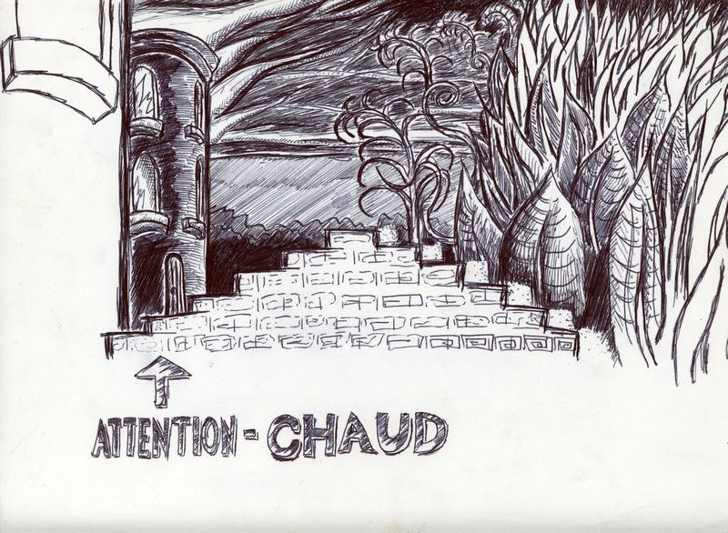 Pen and ink illustration of a small tower engulfed in flames.