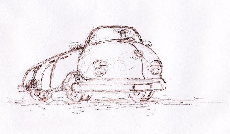 Pen and ink illustration of a design for a cruising automobile.