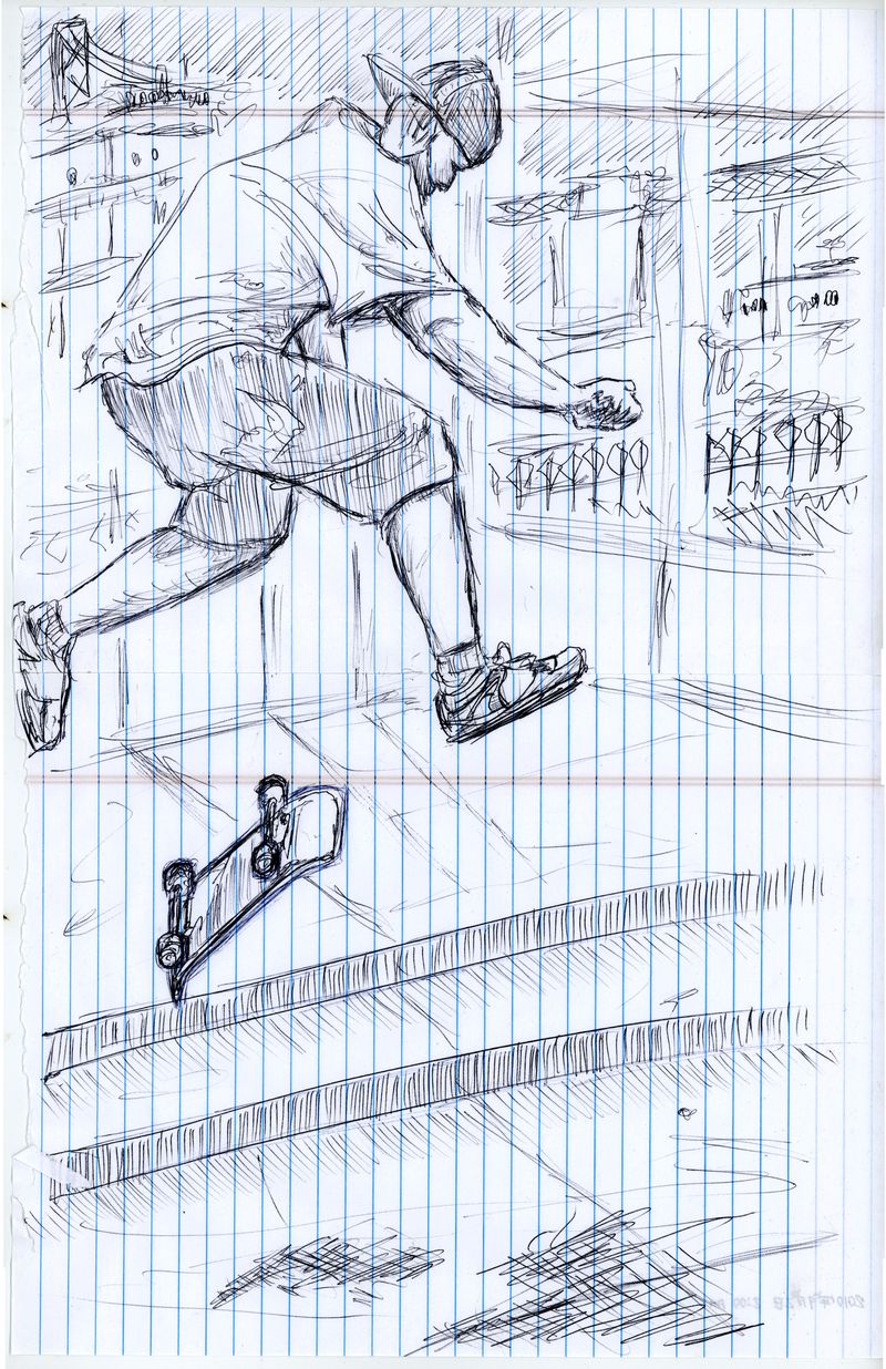 Pen and ink illustration of a skater performing a kick flip.
