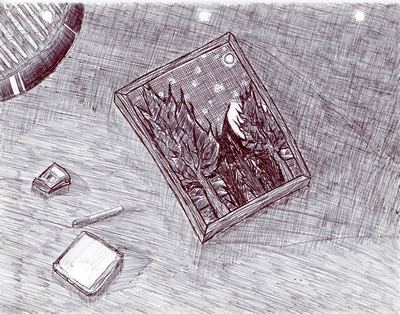 Stylized pen & ink drawing of a framed imaginary scene laying on a tabletop.