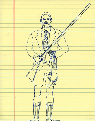 Pen & ink drawing of a man in button up shirt and tie holding a large hunting rifle and wooden ducks.