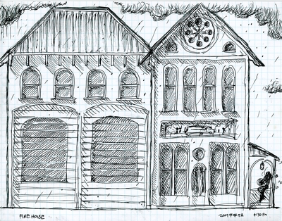Front elevation of a design for a fire house.
