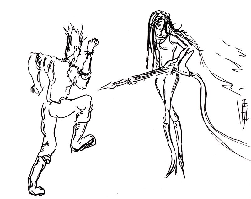Pen and ink illustration of a woman playing bass while a man dances to the music.