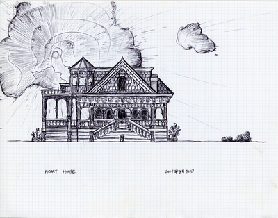 Front elevation of a design for a house adorned with hearts.
