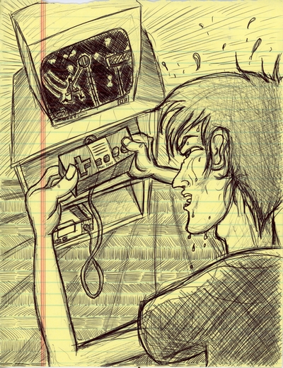 Stylized pen & ink drawing of a person engaged in playing through a challenging video game.