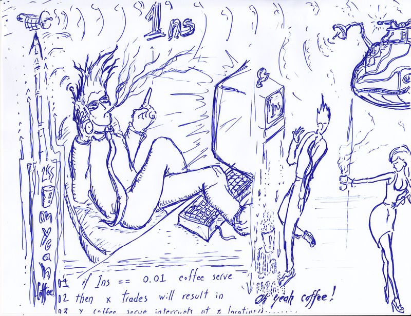 Pen and ink illustration of stock brokers engaged in a high frequency trade.