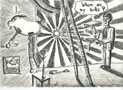 Surreal pen & ink drawing of a robotic pig stealing fishing hooks from a Japanese businessman.