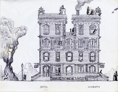 Front elevation of a design for a four story hotel.