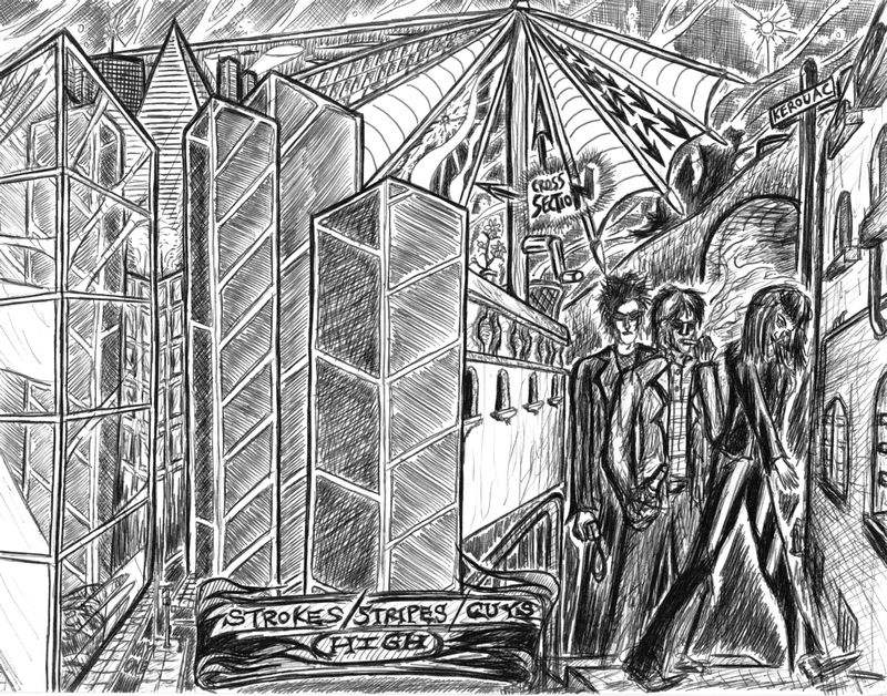 Pen and ink illustration of stoners exploring Kerouac Alley in San Francisco.