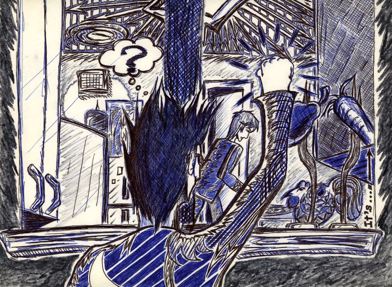 Pen and ink illustration of someone knocking on a window.