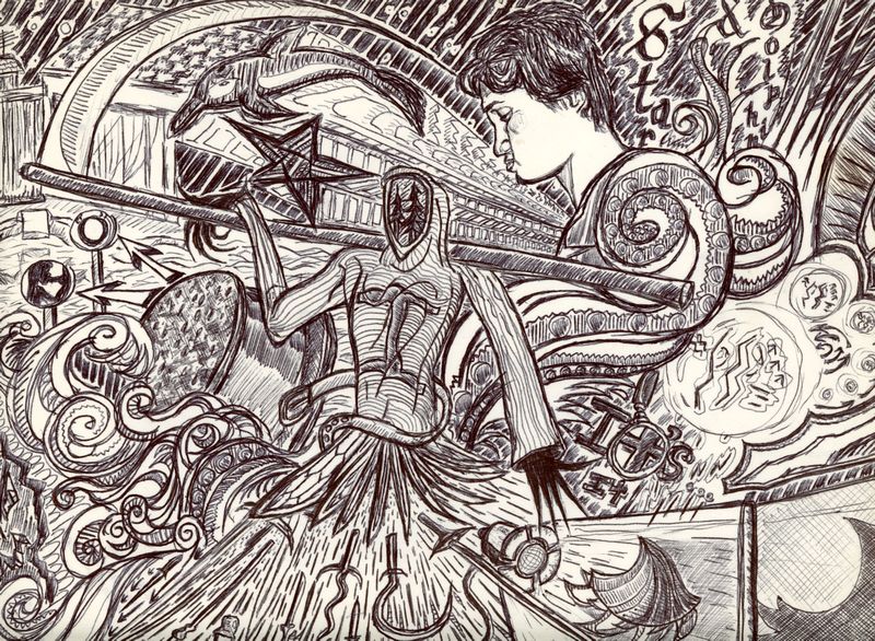 Pen and ink illustration of a mysterious maker at work.