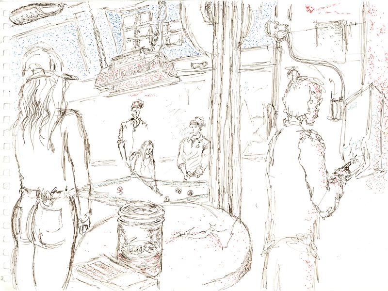 Pen and ink illustration of the Nevada Club interior.