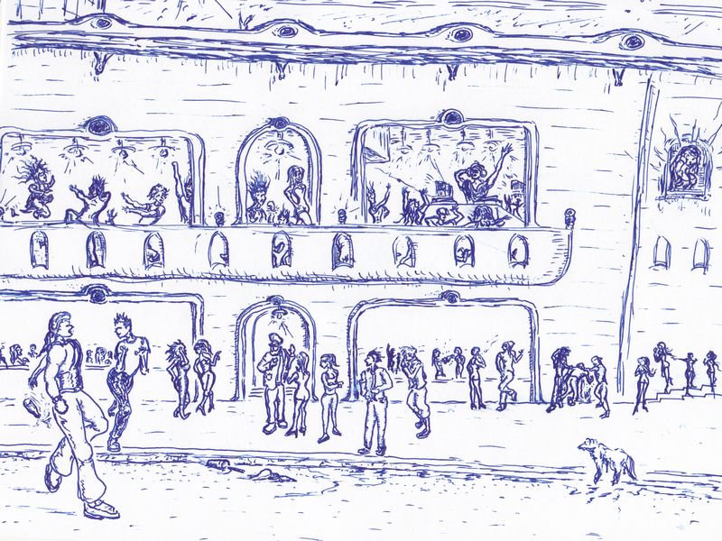 Pen and ink illustration depicting an active scene at a populated night club.