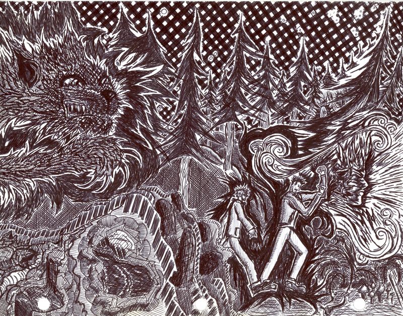 Pen and ink illustration of two brothers fleeing real and imagined threats as the night falls.