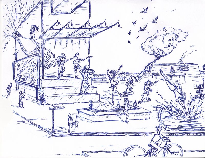 Pen and ink illustration of people playing music and dancing in a plaza.