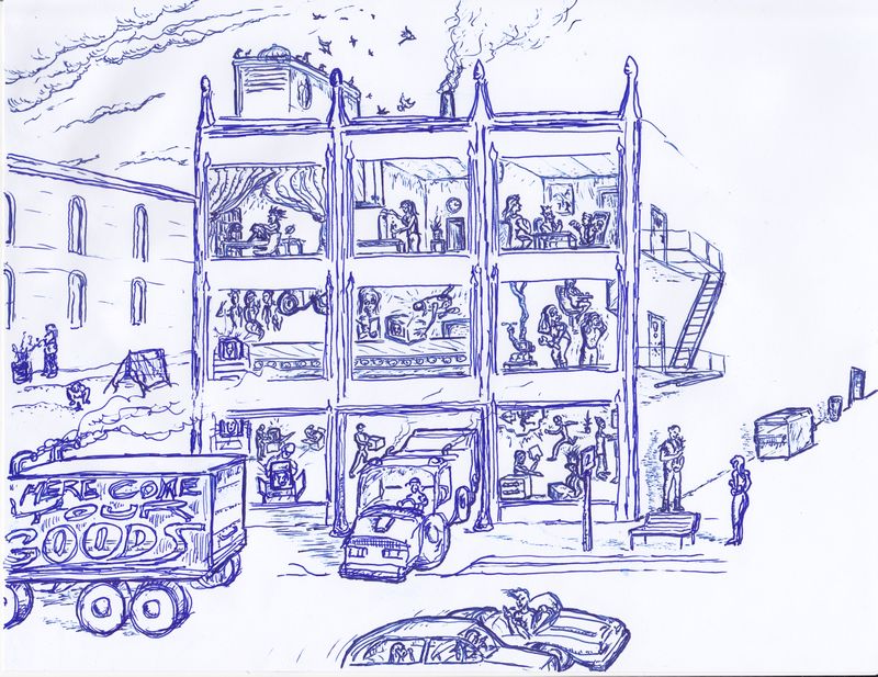 Pen and ink drawing showing the inner workings of a production facility.