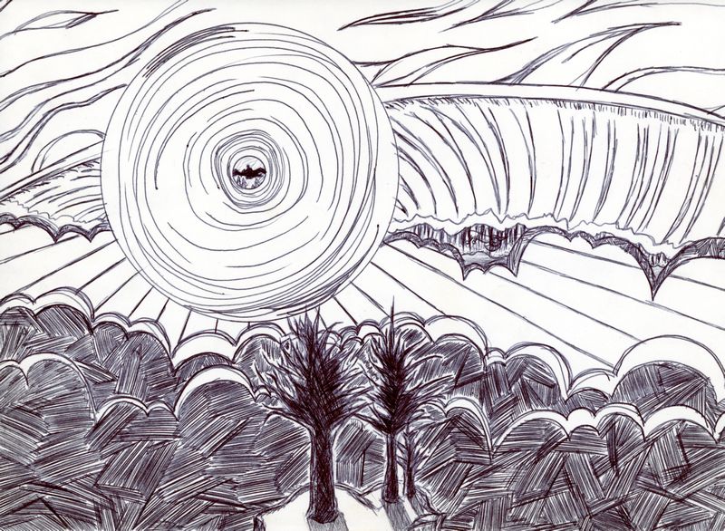 Pen and ink illustration of a reality tunnel.