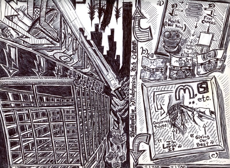 Pen and ink depiction of the retail shopping experience at work.