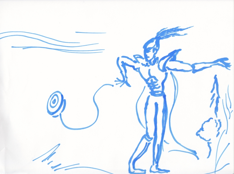 Pen and ink illustration of someone throwing a yo-yo on the coast.