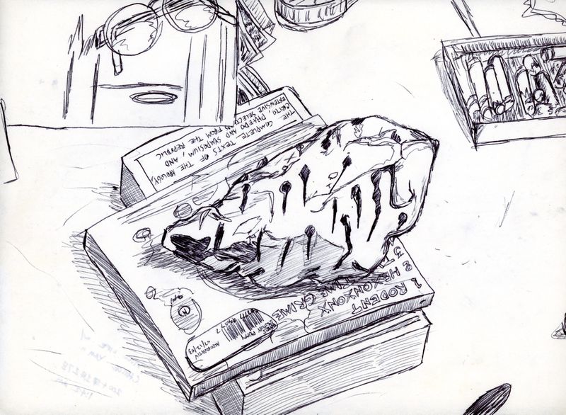 Pen and ink illustration of a baked yam sitting among various objects in a living room.