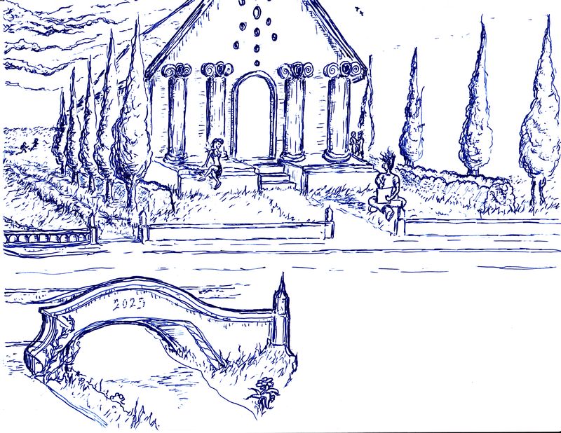 Pen and ink illustration of designs for a park temple and pedestrian bridge.